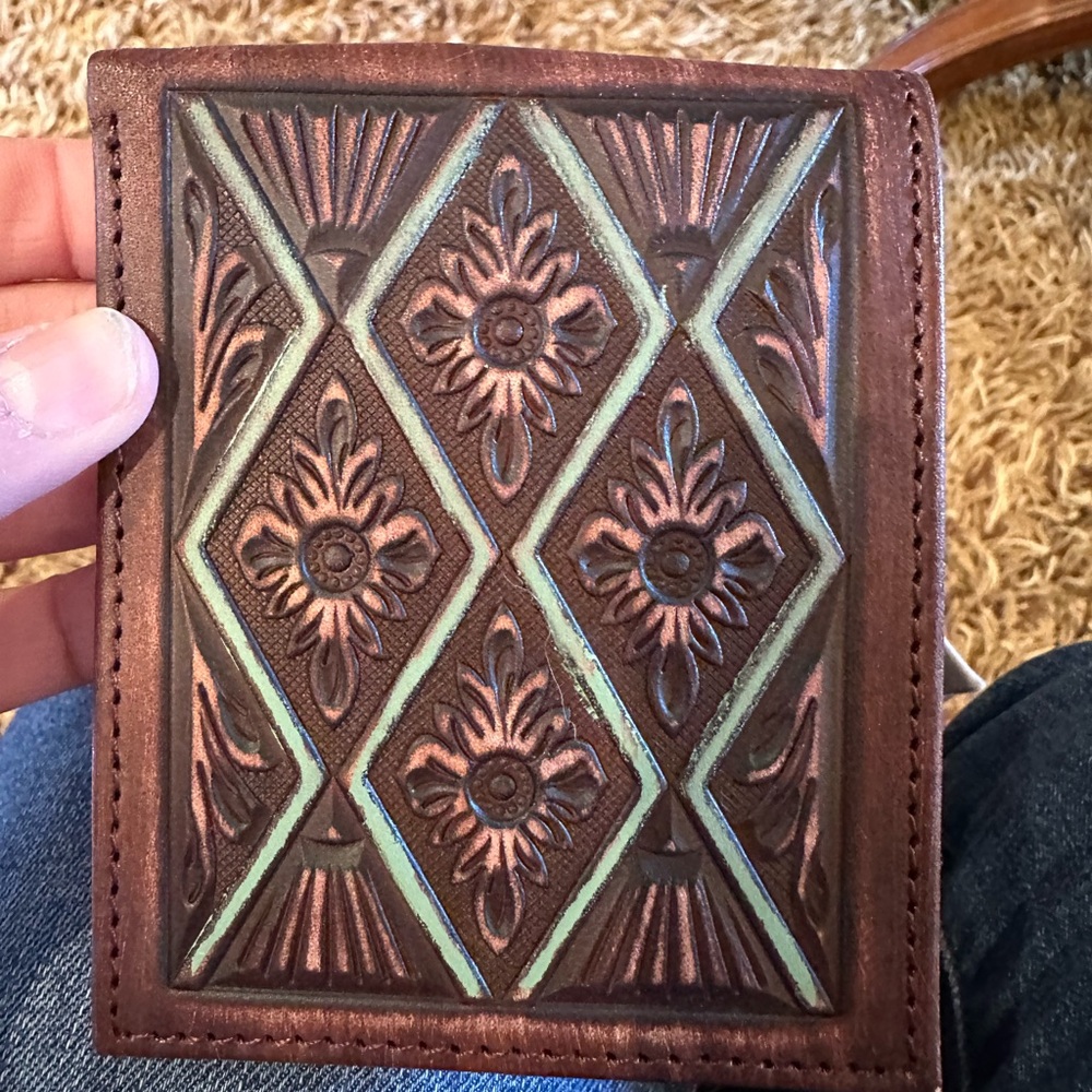 Embossed Leather Wallet in Brown with Turquoise Accents new in box by 3D Belt co